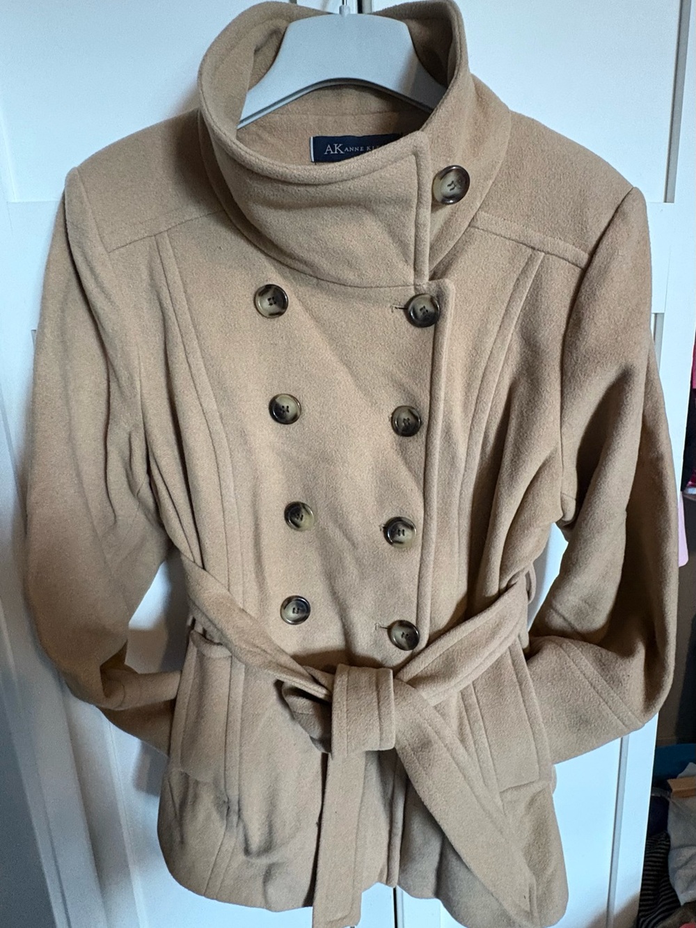 Anne Klein Camel Double-Breasted Belted Pea Coat